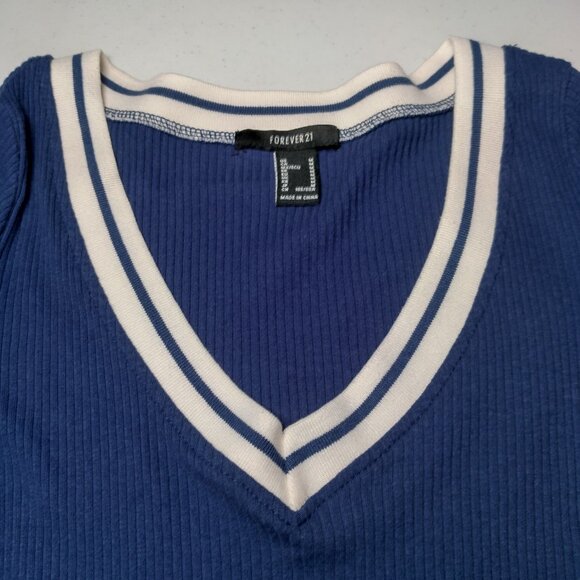 Forever 21 Shirt Juniors Medium Baby Crop Top Ribbed Blue Varsity Academia Y2K - Picture 14 of 16